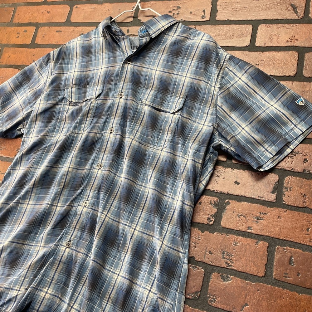 Kuhl Men's Large Blue Plaid Short Sleeve Outdoor Button Down Shirt